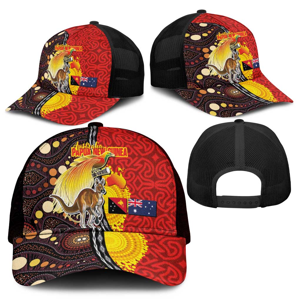 Australia and Papua New Guinea Together Mesh Trucker Cap Bird-of-paradise and Kangaroo with Oro Tapa and Aboriginal Art Motifs - Polynesian Pride