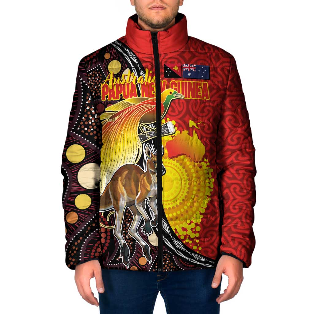 Australia and Papua New Guinea Together Padded Jacket Bird-of-paradise and Kangaroo with Oro Tapa and Aboriginal Art Motifs - Polynesian Pride