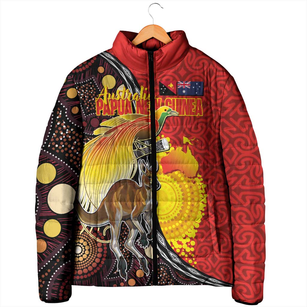 Australia and Papua New Guinea Together Padded Jacket Bird-of-paradise and Kangaroo with Oro Tapa and Aboriginal Art Motifs - Polynesian Pride