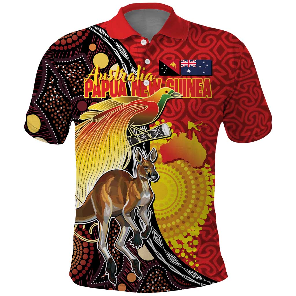 Australia and Papua New Guinea Together Polo Shirt Bird-of-paradise and Kangaroo with Oro Tapa and Aboriginal Art Motifs - Polynesian Pride