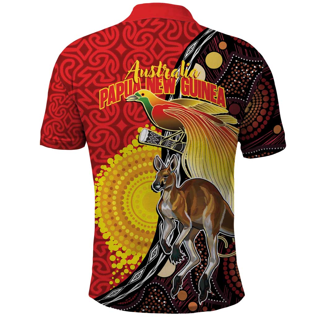 Australia and Papua New Guinea Together Polo Shirt Bird-of-paradise and Kangaroo with Oro Tapa and Aboriginal Art Motifs - Polynesian Pride