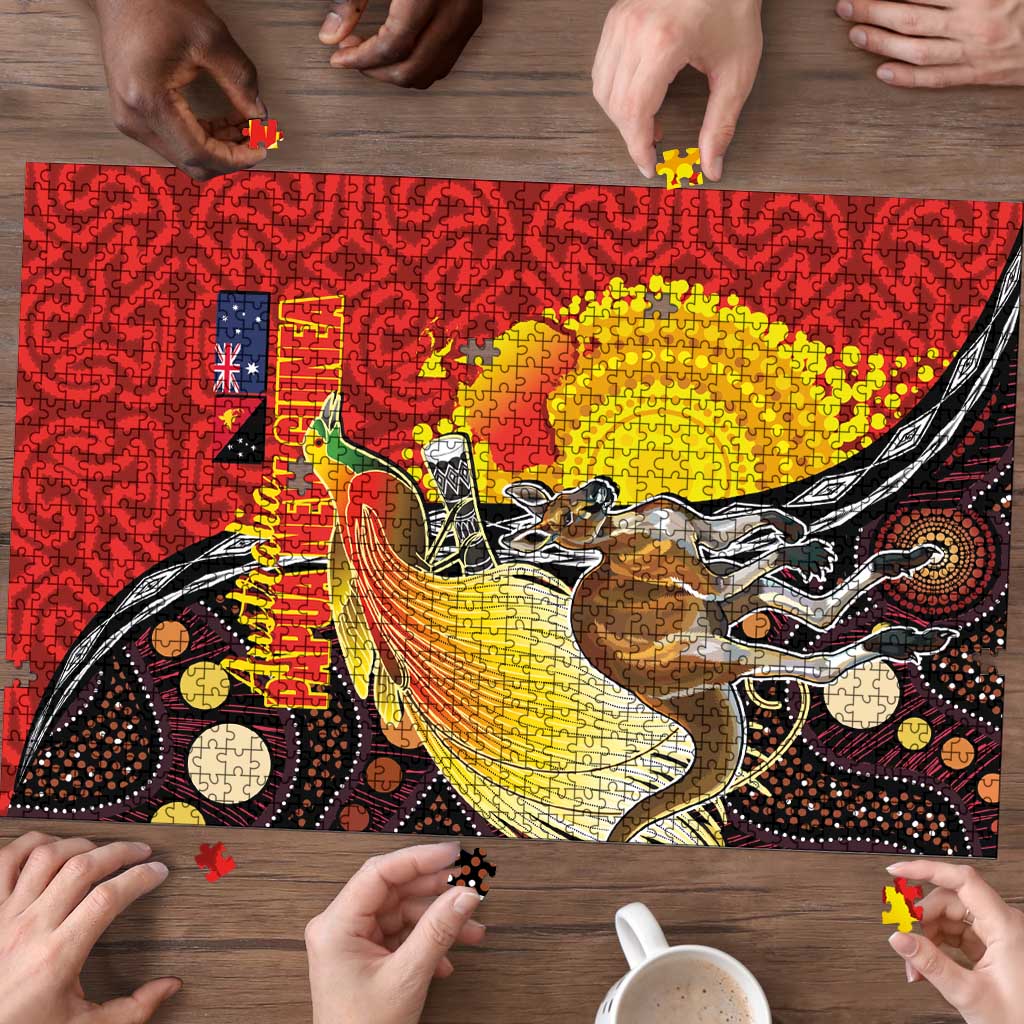 Australia and Papua New Guinea Together Puzzle Bird-of-paradise and Kangaroo with Oro Tapa and Aboriginal Art Motifs - Polynesian Pride