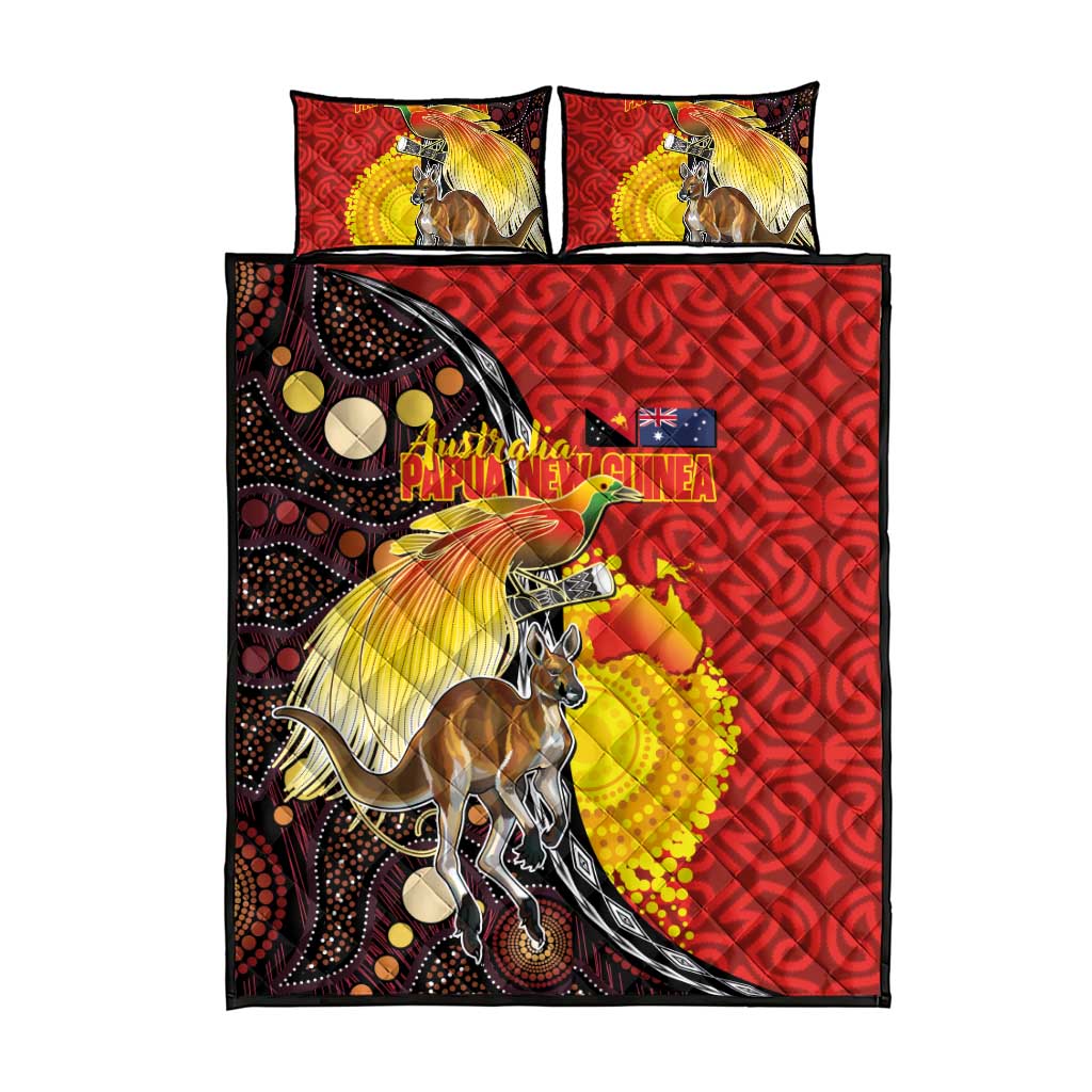 Australia and Papua New Guinea Together Quilt Bed Set Bird-of-paradise and Kangaroo with Oro Tapa and Aboriginal Art Motifs - Polynesian Pride