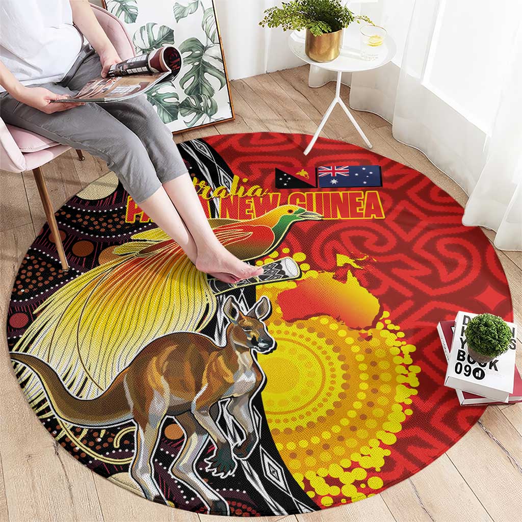 Australia and Papua New Guinea Together Round Carpet Bird-of-paradise and Kangaroo with Oro Tapa and Aboriginal Art Motifs - Polynesian Pride