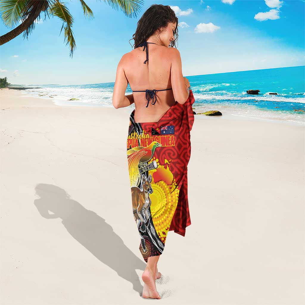 Australia and Papua New Guinea Together Sarong Bird-of-paradise and Kangaroo with Oro Tapa and Aboriginal Art Motifs - Polynesian Pride