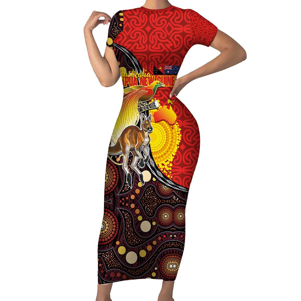 Australia and Papua New Guinea Together Short Sleeve Bodycon Dress Bird-of-paradise and Kangaroo with Oro Tapa and Aboriginal Art Motifs - Polynesian Pride