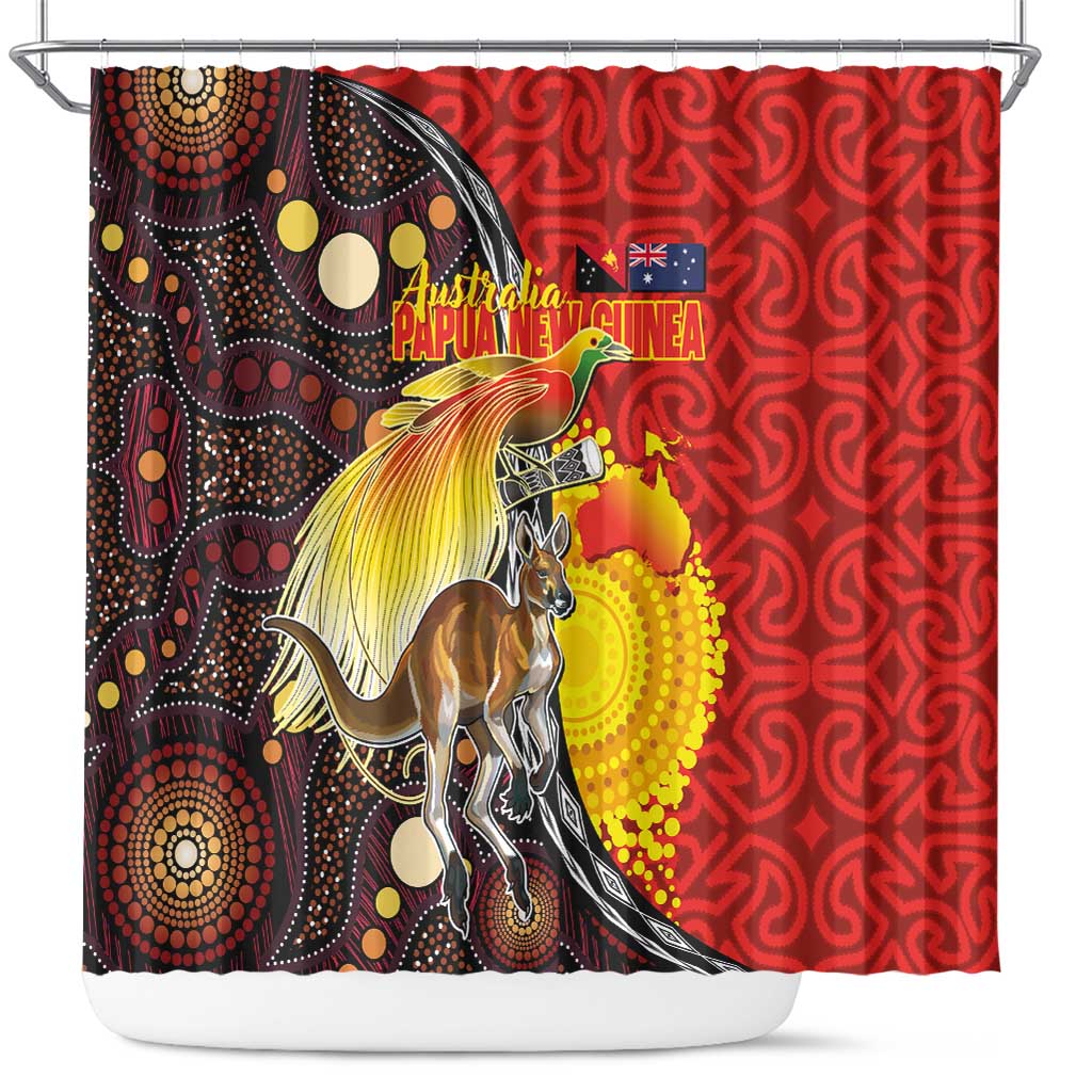 Australia and Papua New Guinea Together Shower Curtain Bird-of-paradise and Kangaroo with Oro Tapa and Aboriginal Art Motifs - Polynesian Pride