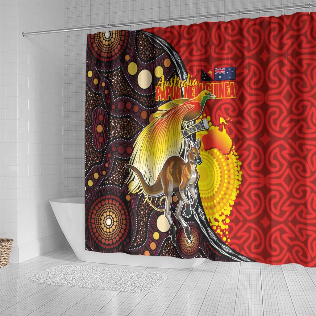 Australia and Papua New Guinea Together Shower Curtain Bird-of-paradise and Kangaroo with Oro Tapa and Aboriginal Art Motifs - Polynesian Pride