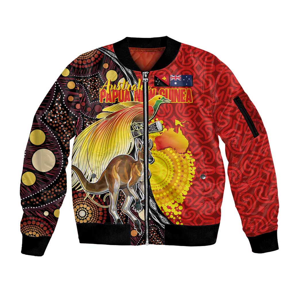 Australia and Papua New Guinea Together Sleeve Zip Bomber Jacket Bird-of-paradise and Kangaroo with Oro Tapa and Aboriginal Art Motifs - Polynesian Pride