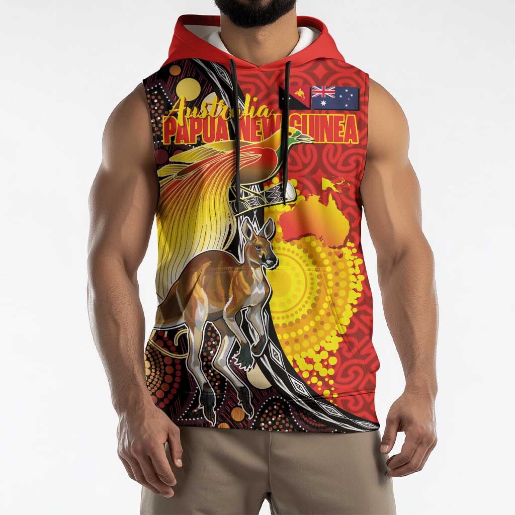 Australia and Papua New Guinea Together Sleeveless Hoodie Bird-of-paradise and Kangaroo with Oro Tapa and Aboriginal Art Motifs - Polynesian Pride
