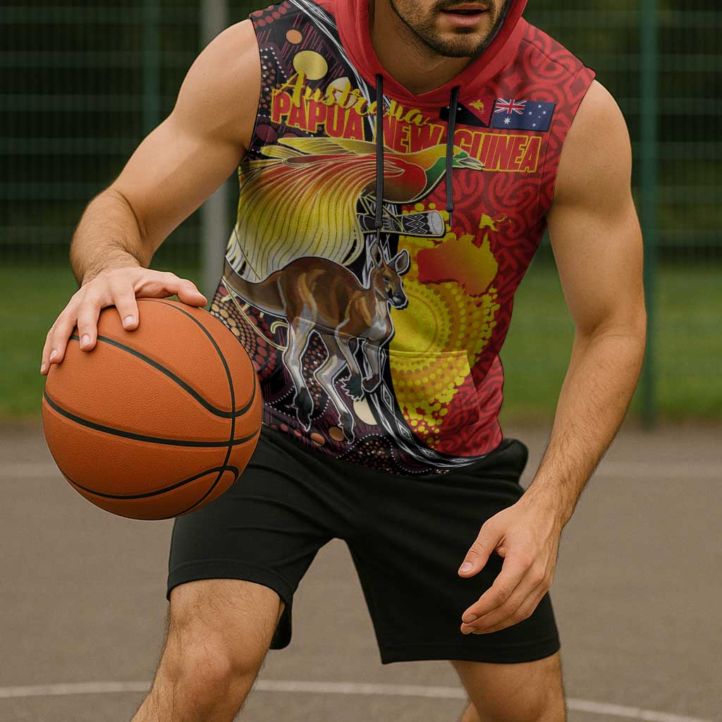 Australia and Papua New Guinea Together Sleeveless Hoodie Bird-of-paradise and Kangaroo with Oro Tapa and Aboriginal Art Motifs - Polynesian Pride
