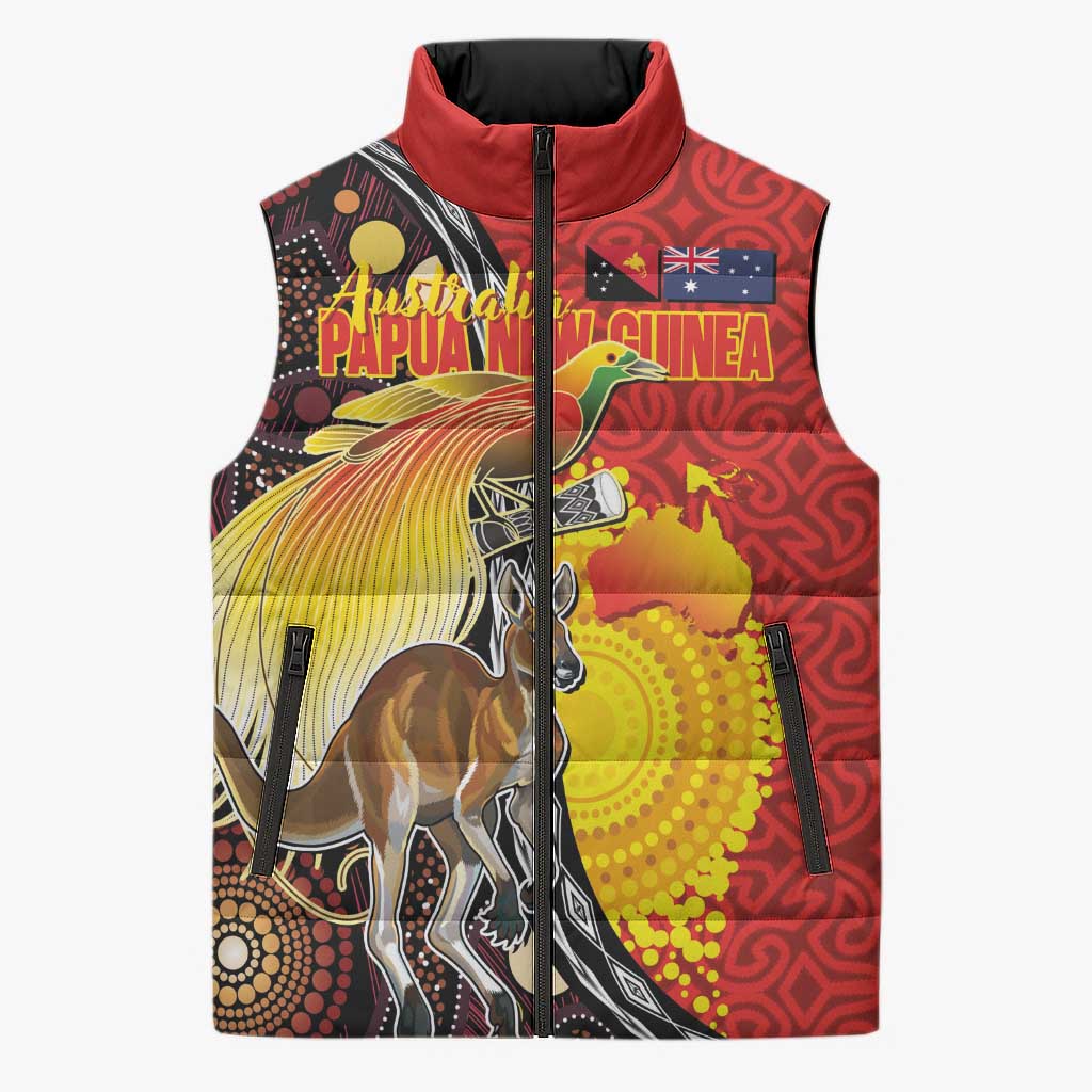 Australia and Papua New Guinea Together Sleeveless Puffer Jacket Bird-of-paradise and Kangaroo with Oro Tapa and Aboriginal Art Motifs - Polynesian Pride