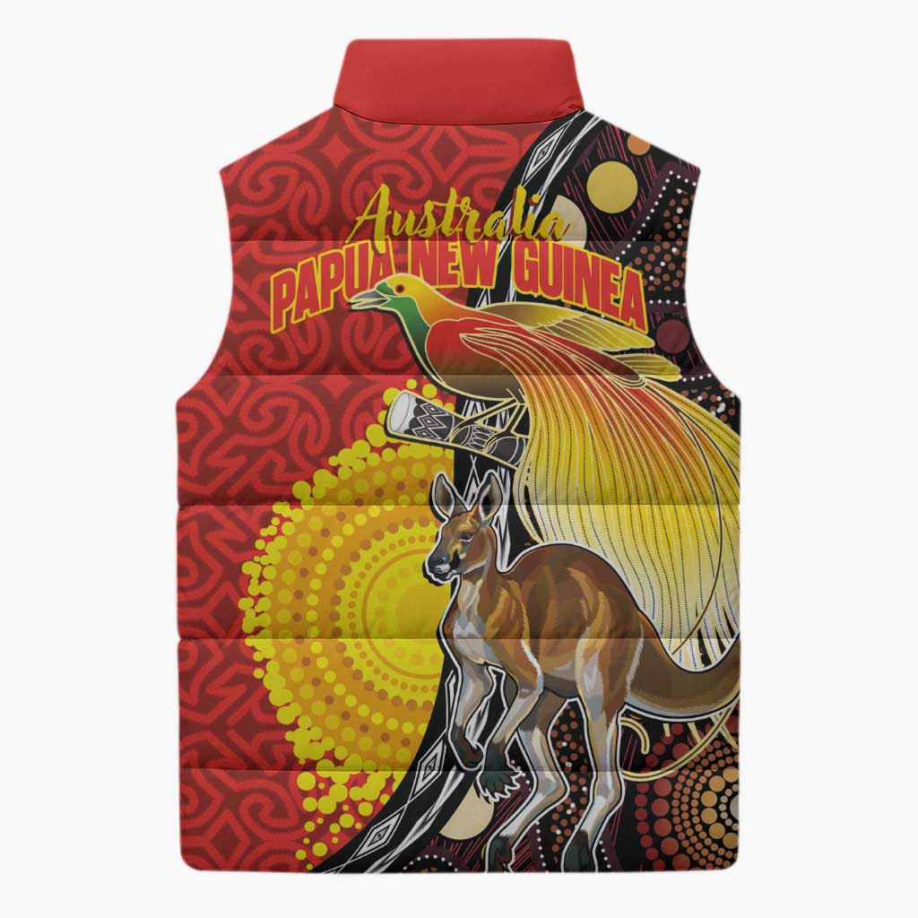 Australia and Papua New Guinea Together Sleeveless Puffer Jacket Bird-of-paradise and Kangaroo with Oro Tapa and Aboriginal Art Motifs - Polynesian Pride