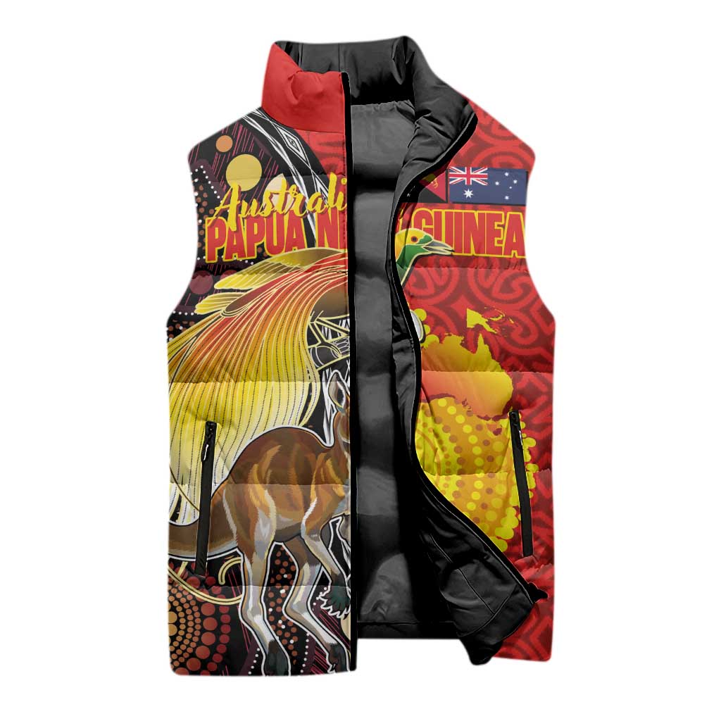 Australia and Papua New Guinea Together Sleeveless Puffer Jacket Bird-of-paradise and Kangaroo with Oro Tapa and Aboriginal Art Motifs - Polynesian Pride