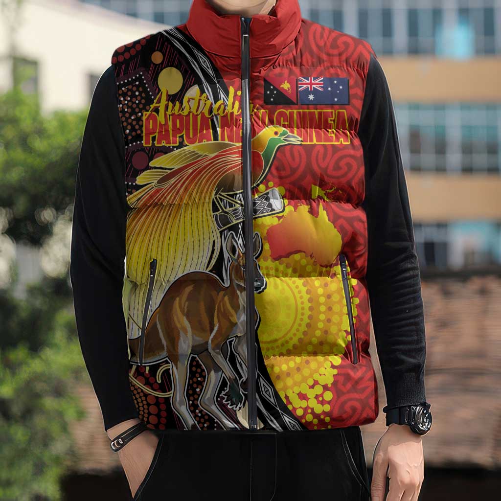 Australia and Papua New Guinea Together Sleeveless Puffer Jacket Bird-of-paradise and Kangaroo with Oro Tapa and Aboriginal Art Motifs - Polynesian Pride