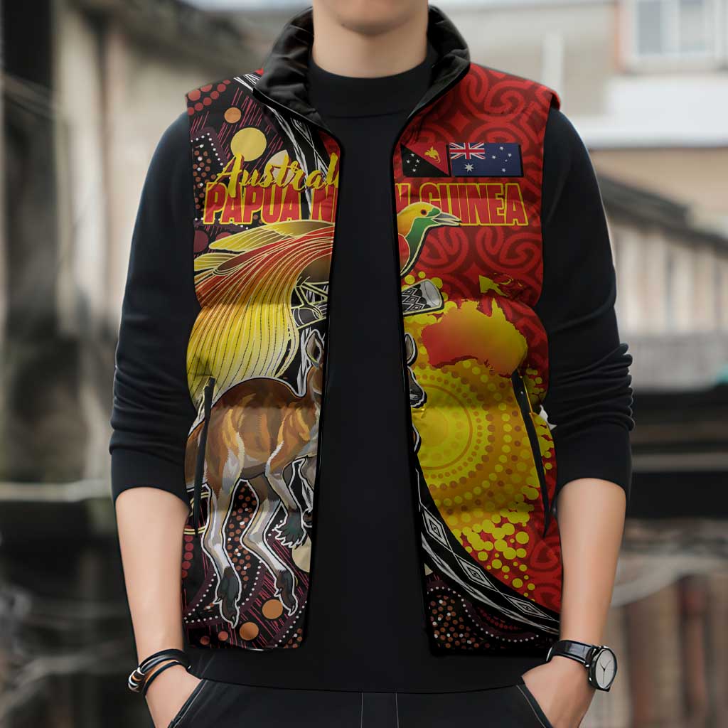 Australia and Papua New Guinea Together Sleeveless Puffer Jacket Bird-of-paradise and Kangaroo with Oro Tapa and Aboriginal Art Motifs - Polynesian Pride