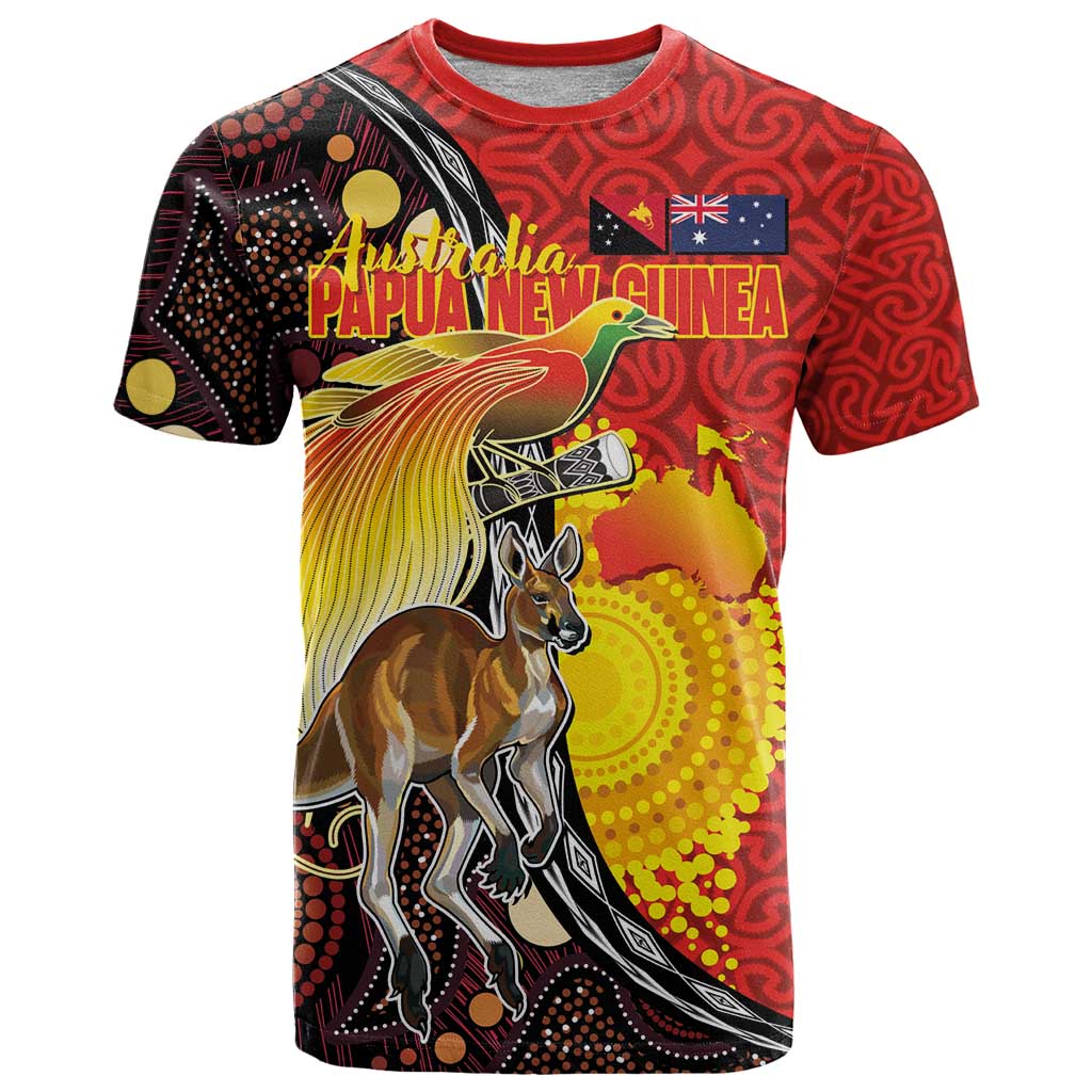 Australia and Papua New Guinea Together T Shirt Bird-of-paradise and Kangaroo with Oro Tapa and Aboriginal Art Motifs - Polynesian Pride