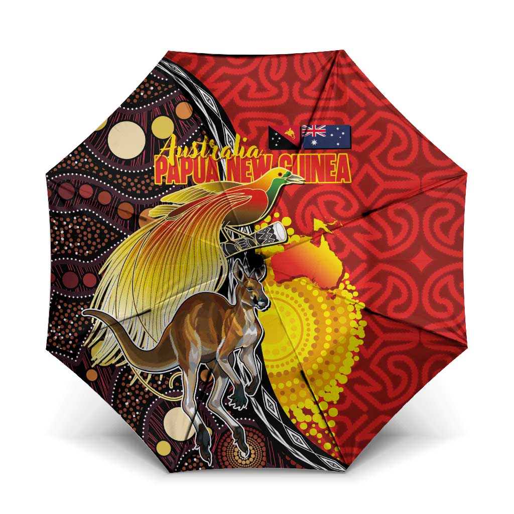 Australia and Papua New Guinea Together Umbrella Bird-of-paradise and Kangaroo with Oro Tapa and Aboriginal Art Motifs - Polynesian Pride