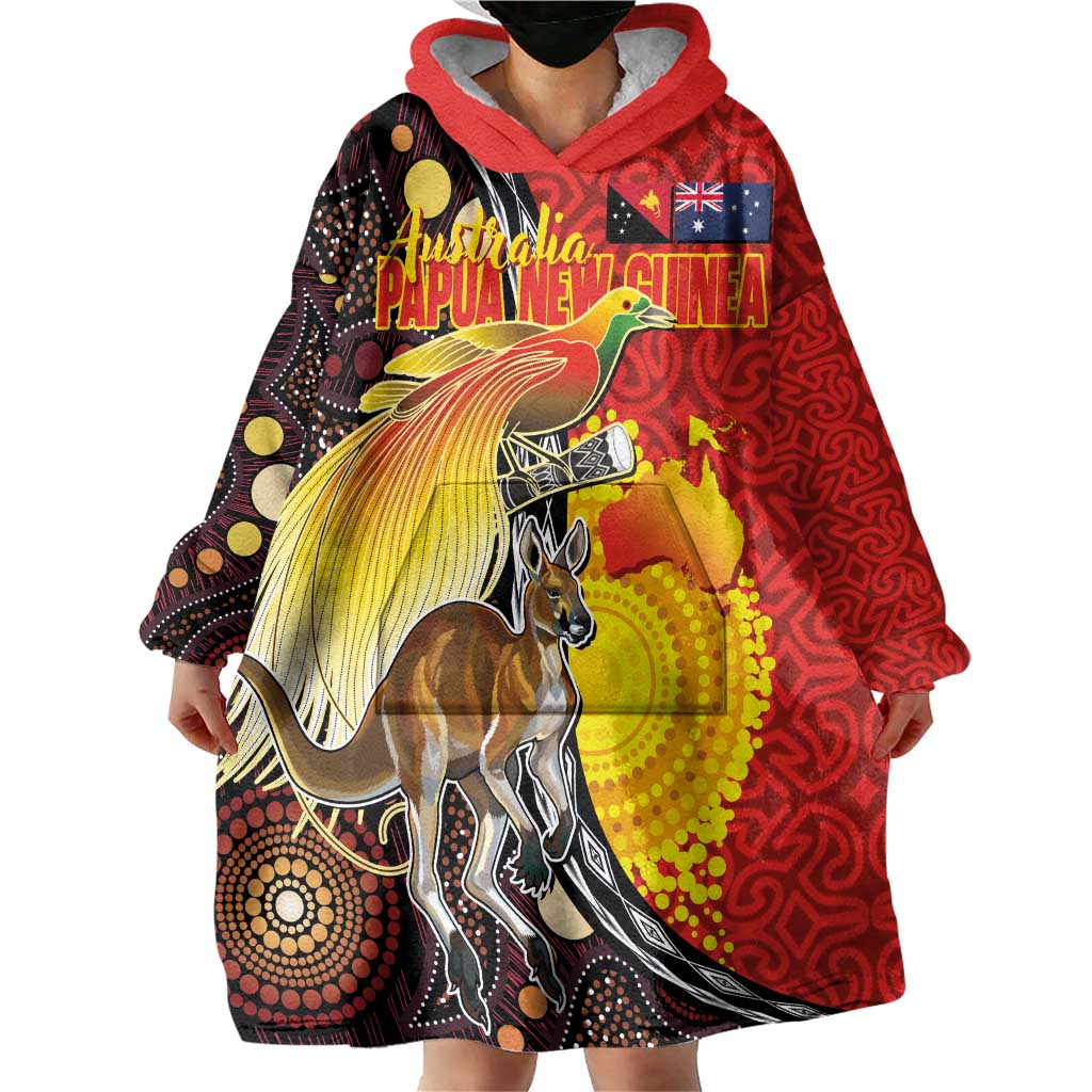 Australia and Papua New Guinea Together Wearable Blanket Hoodie Bird-of-paradise and Kangaroo with Oro Tapa and Aboriginal Art Motifs - Polynesian Pride