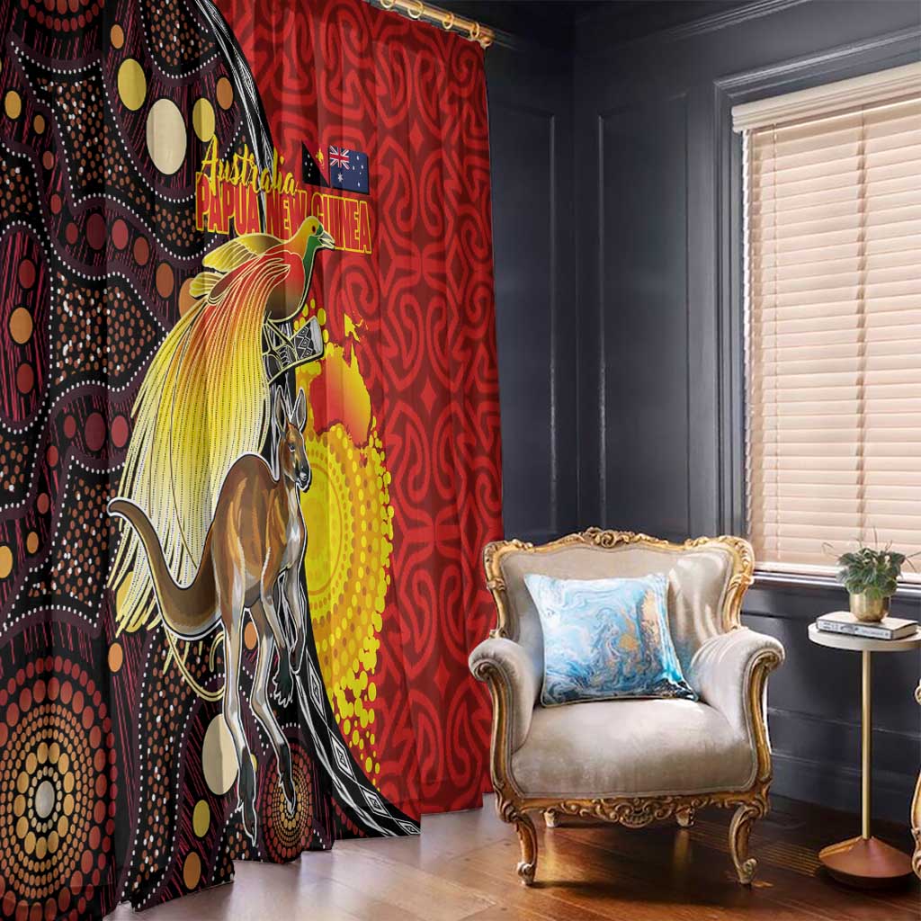 Australia and Papua New Guinea Together Window Curtain Bird-of-paradise and Kangaroo with Oro Tapa and Aboriginal Art Motifs - Polynesian Pride