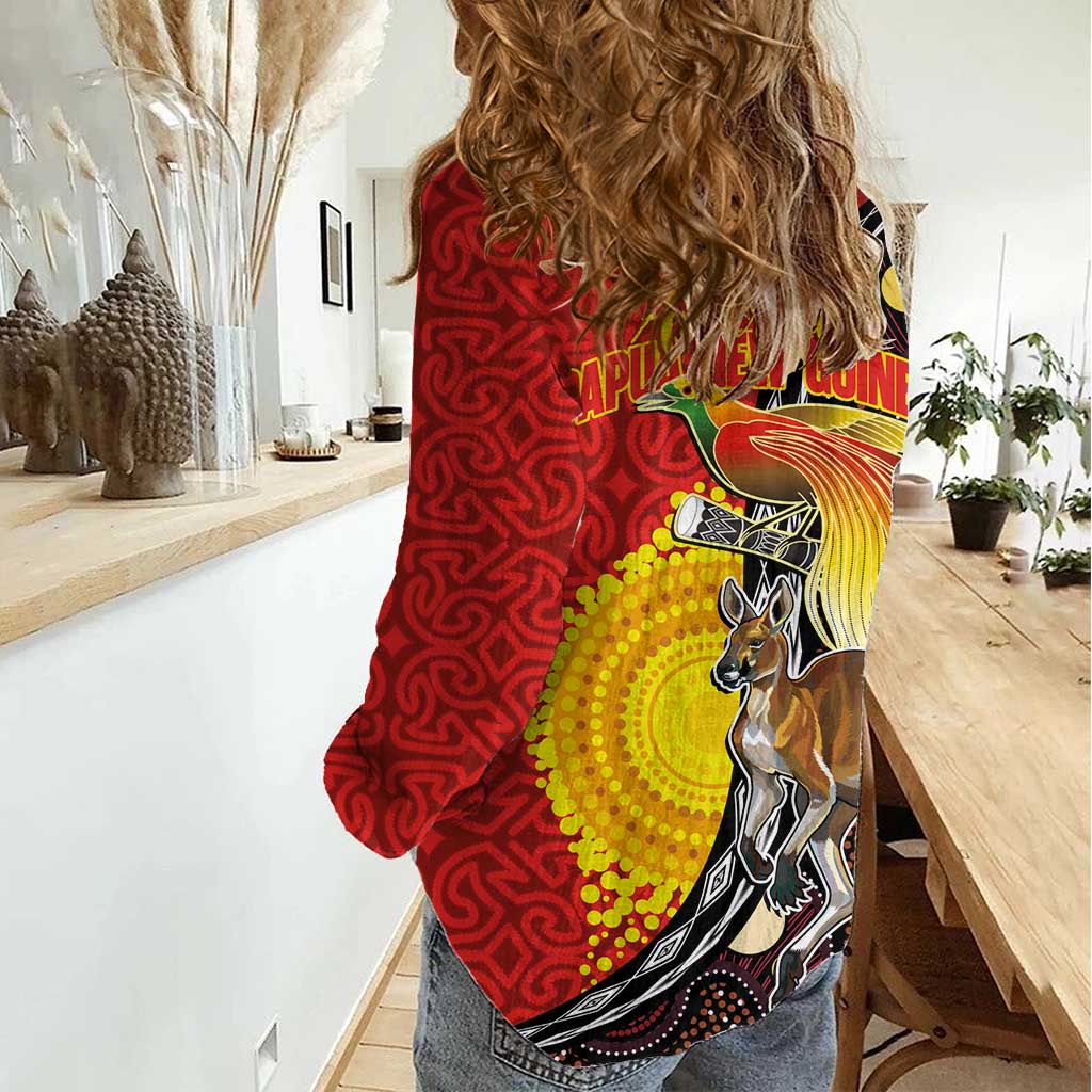 Australia and Papua New Guinea Together Women Casual Shirt Bird-of-paradise and Kangaroo with Oro Tapa and Aboriginal Art Motifs - Polynesian Pride