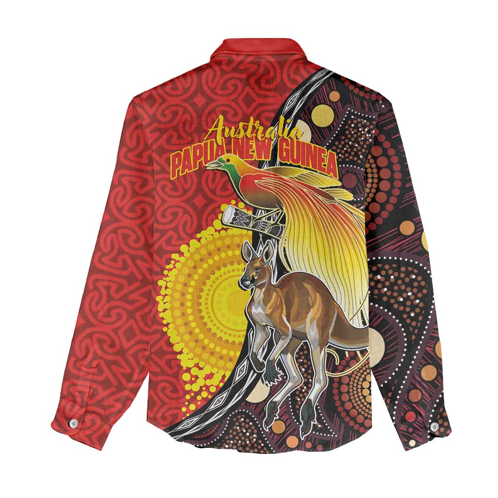 Australia and Papua New Guinea Together Women Casual Shirt Bird-of-paradise and Kangaroo with Oro Tapa and Aboriginal Art Motifs - Polynesian Pride