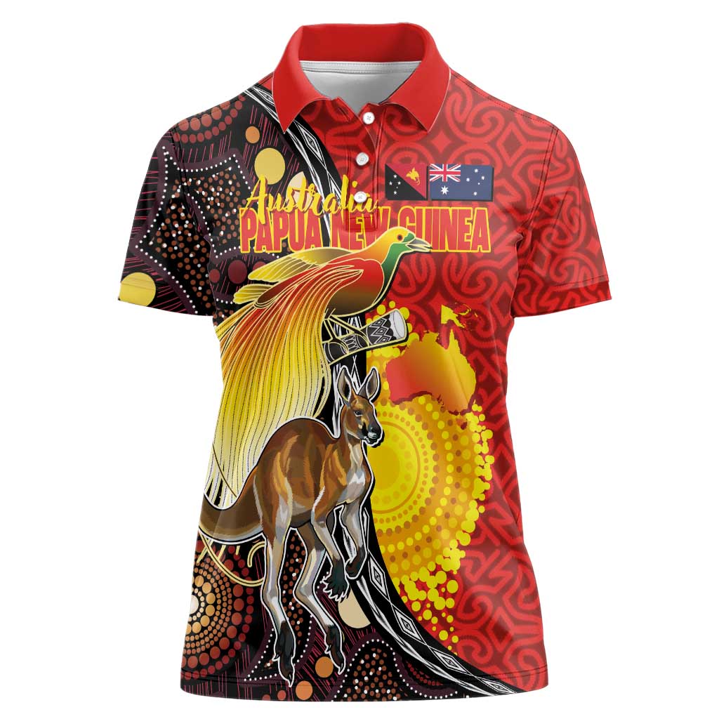 Australia and Papua New Guinea Together Women Polo Shirt Bird-of-paradise and Kangaroo with Oro Tapa and Aboriginal Art Motifs - Polynesian Pride