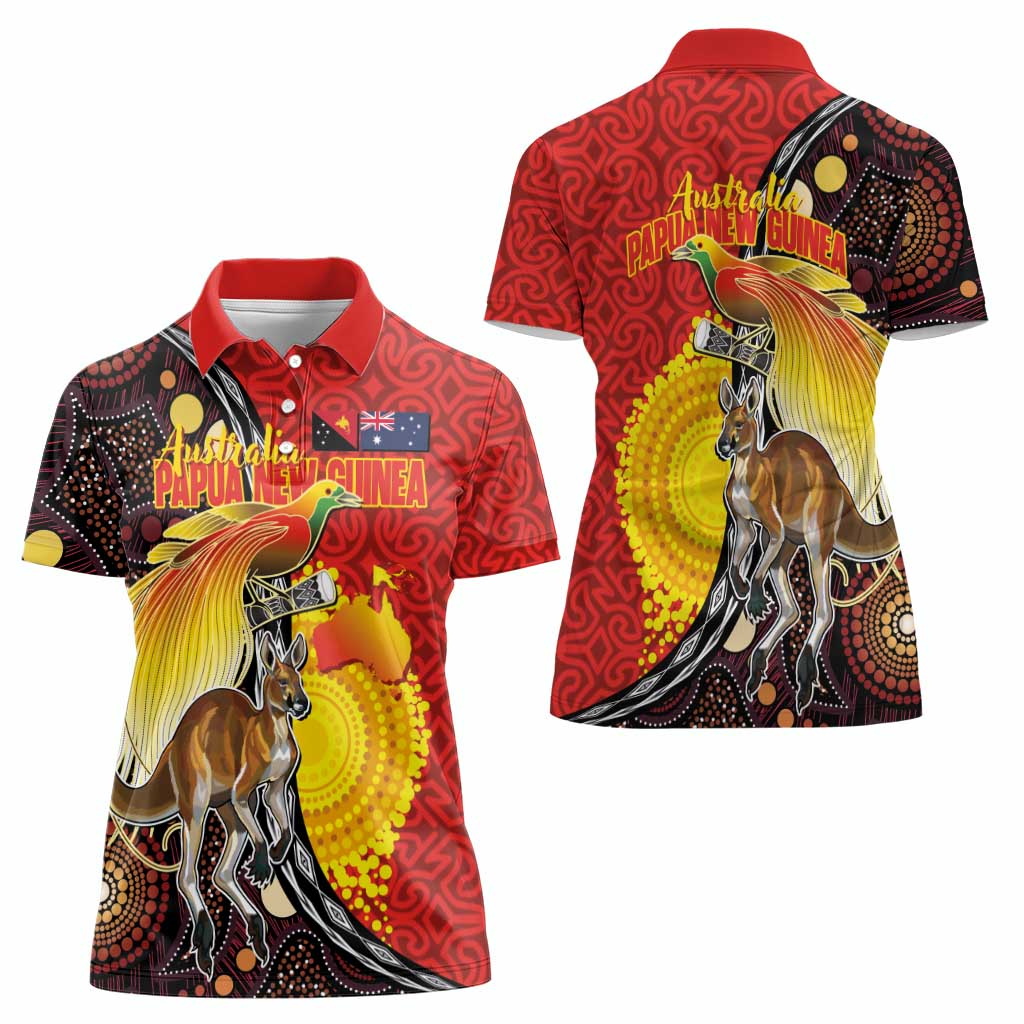Australia and Papua New Guinea Together Women Polo Shirt Bird-of-paradise and Kangaroo with Oro Tapa and Aboriginal Art Motifs - Polynesian Pride