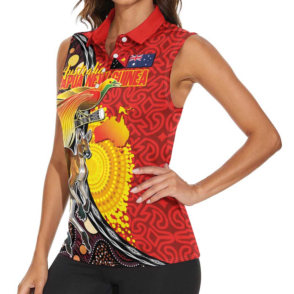 Australia and Papua New Guinea Together Women Sleeveless Polo Shirt Bird-of-paradise and Kangaroo with Oro Tapa and Aboriginal Art Motifs - Polynesian Pride