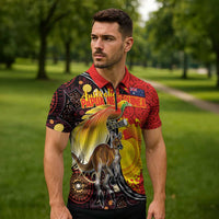 Australia and Papua New Guinea Together Zipper Polo Shirt Bird-of-paradise and Kangaroo with Oro Tapa and Aboriginal Art Motifs - Polynesian Pride