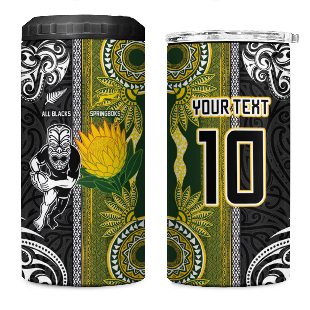 Custom Rugby New Zealand and South Africa 4 in 1 Can Cooler Tumbler Greatest Rivalry Silver Fern and Antelope