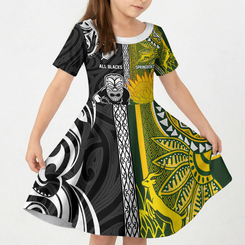 Custom Rugby New Zealand and South Africa Kid Short Sleeve Dress Greatest Rivalry Silver Fern and Antelope