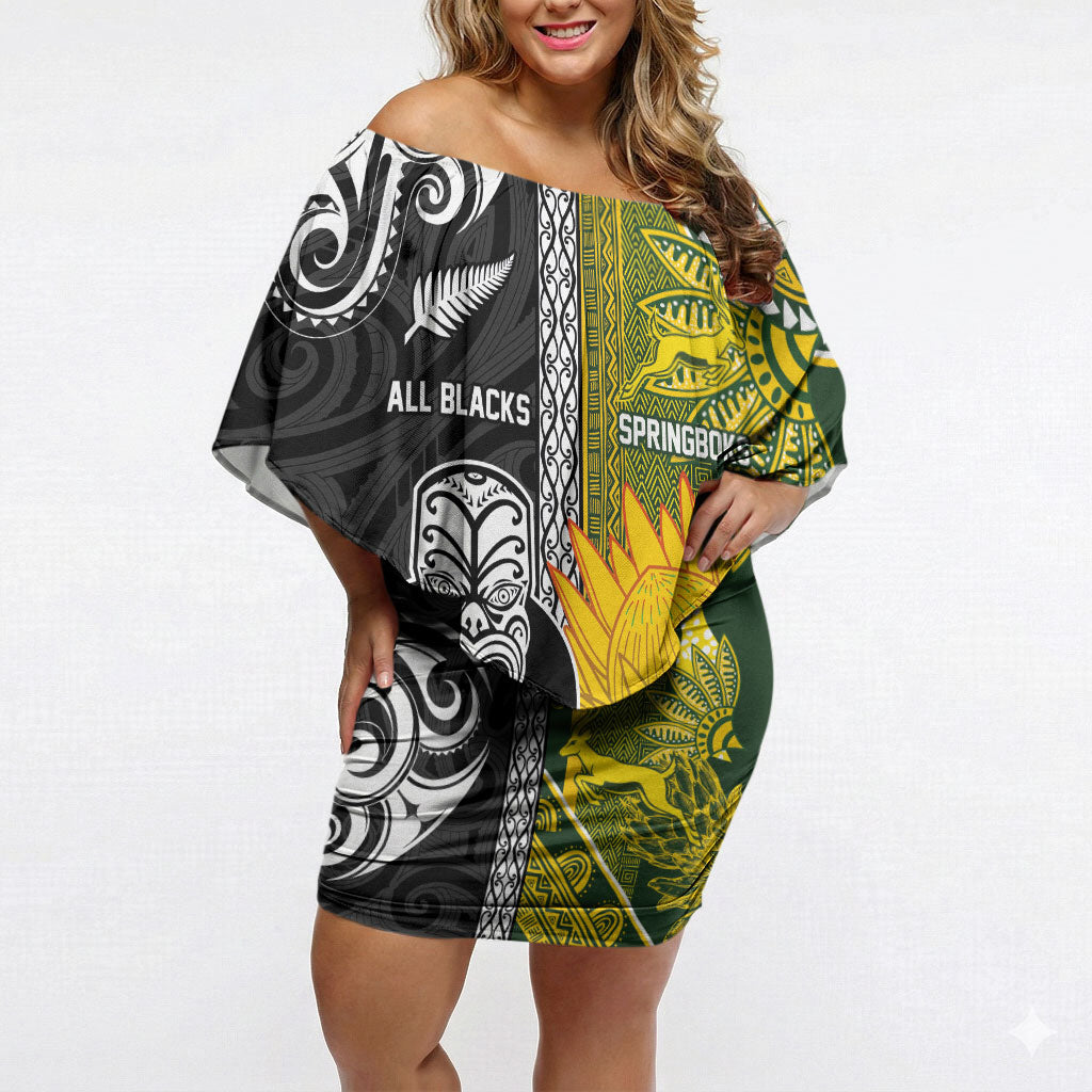 Custom Rugby New Zealand and South Africa Off Shoulder Short Dress Greatest Rivalry Silver Fern and Antelope