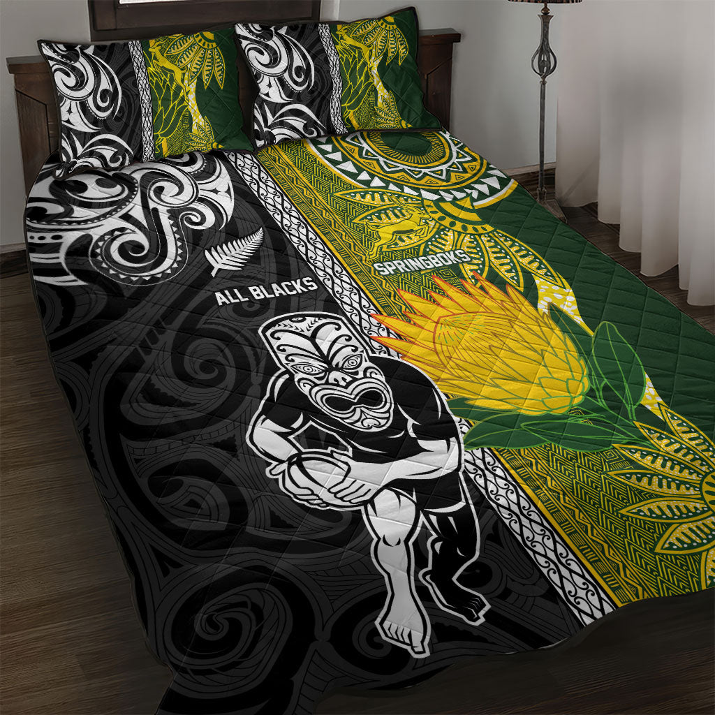 Rugby New Zealand and South Africa Quilt Bed Set Greatest Rivalry Silver Fern and Antelope