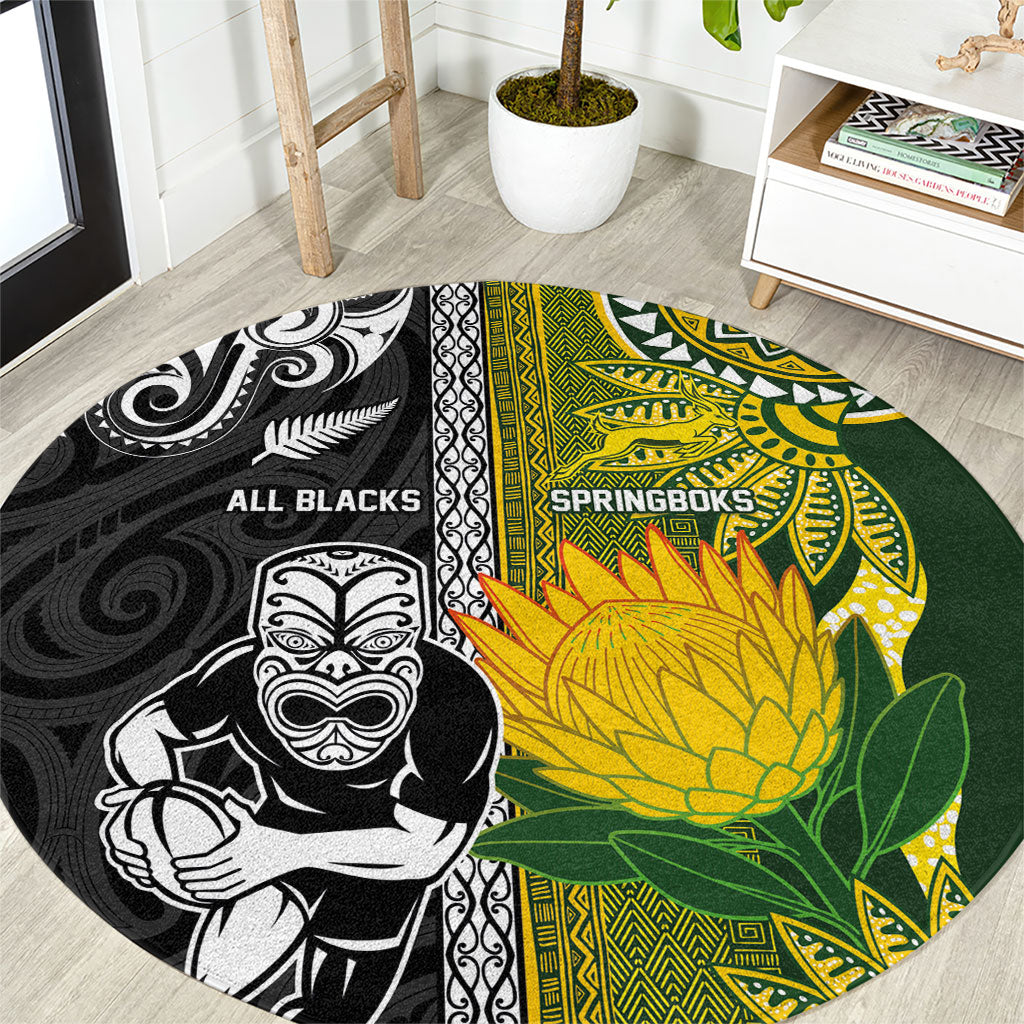 Rugby New Zealand and South Africa Round Carpet Greatest Rivalry Silver Fern and Antelope