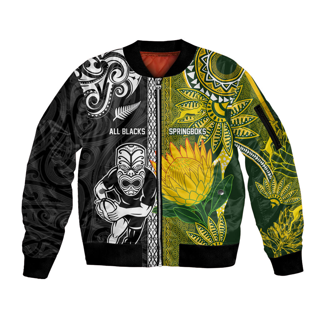 Custom Rugby New Zealand and South Africa Sleeve Zip Bomber Jacket Greatest Rivalry Silver Fern and Antelope