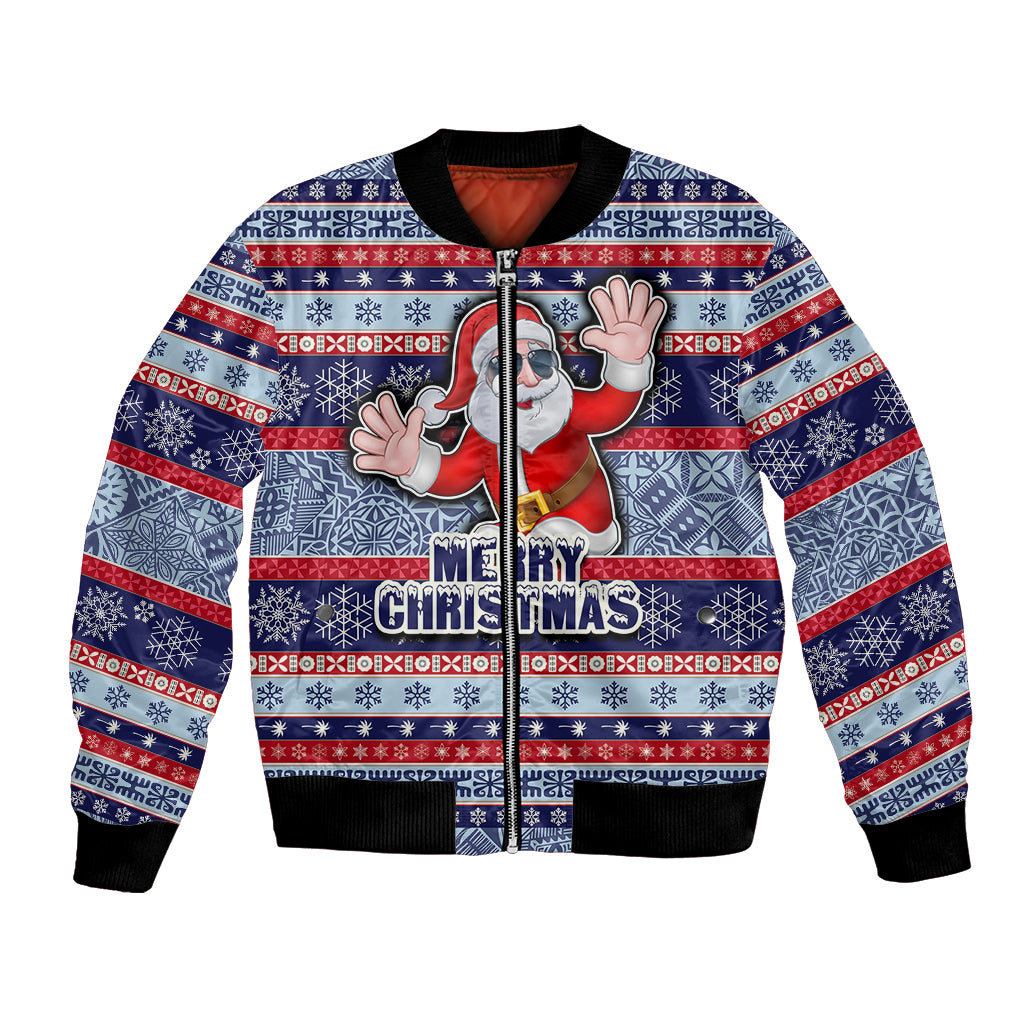 Fiji Christmas Bomber Jacket Fijian Santa and Coat of Arms Mix Tapa Pattern Striped Style LT03 Unisex Blue - Polynesian Pride