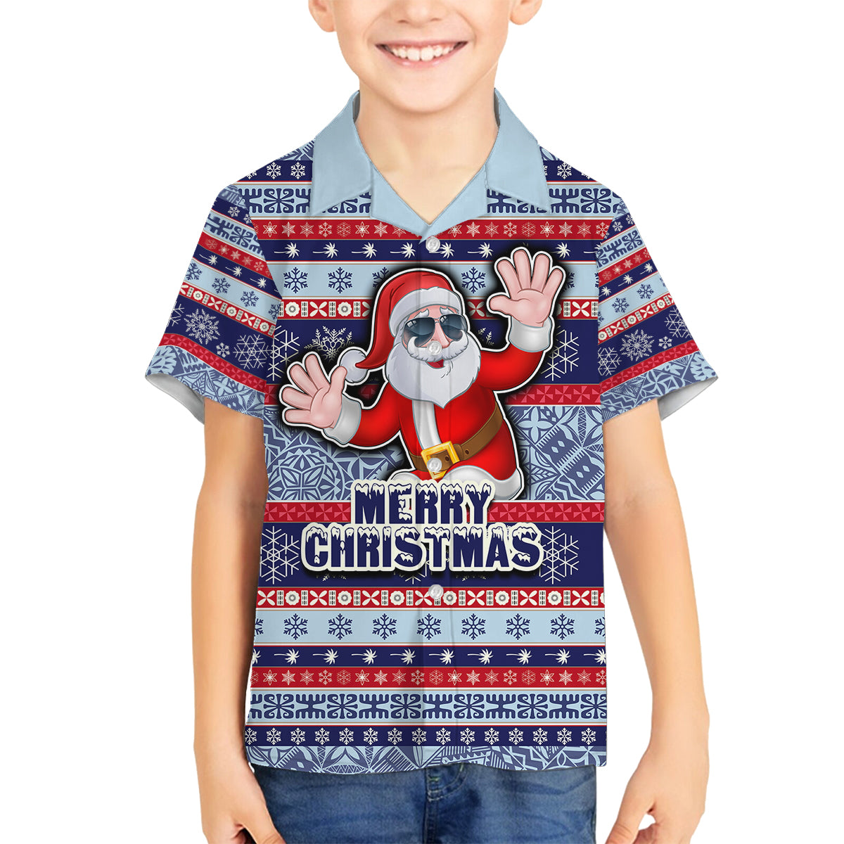 Fiji Christmas Family Matching Puletasi Dress and Hawaiian Shirt Fijian Santa and Coat of Arms Mix Tapa Pattern Striped Style LT03 Son's Shirt Blue - Polynesian Pride