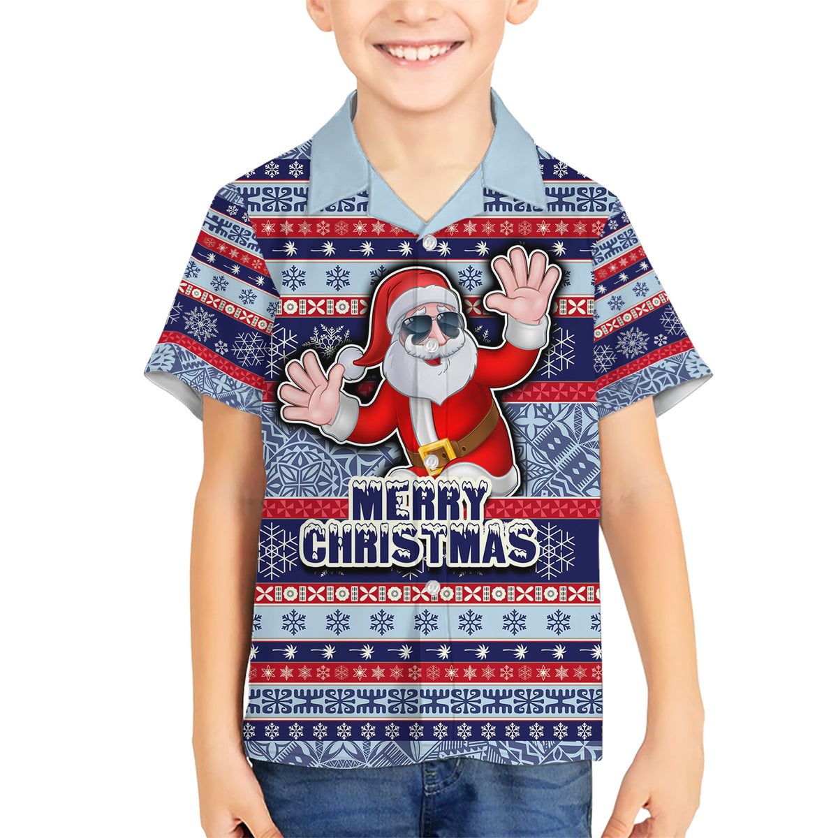 fiji-christmas-kid-hawaiian-shirt-fijian-santa-and-coat-of-arms-mix-tapa-pattern-striped-style