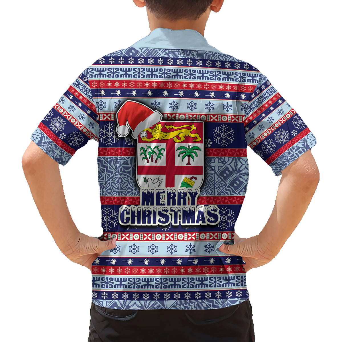 fiji-christmas-kid-hawaiian-shirt-fijian-santa-and-coat-of-arms-mix-tapa-pattern-striped-style