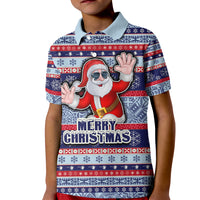 Fiji Christmas Kid Polo Shirt Fijian Santa and Coat of Arms Mix Tapa Pattern Striped Style LT03 Kid Blue - Polynesian Pride