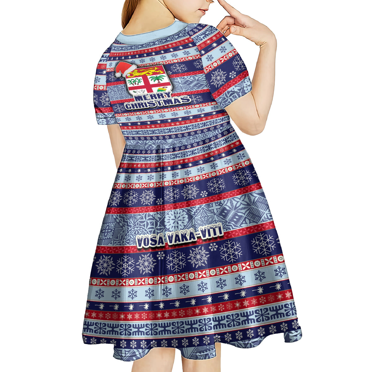 fiji-christmas-kid-short-sleeve-dress-fijian-santa-and-coat-of-arms-mix-tapa-pattern-striped-style