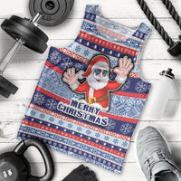 Fiji Christmas Men Tank Top Fijian Santa and Coat of Arms Mix Tapa Pattern Striped Style LT03 Blue - Polynesian Pride