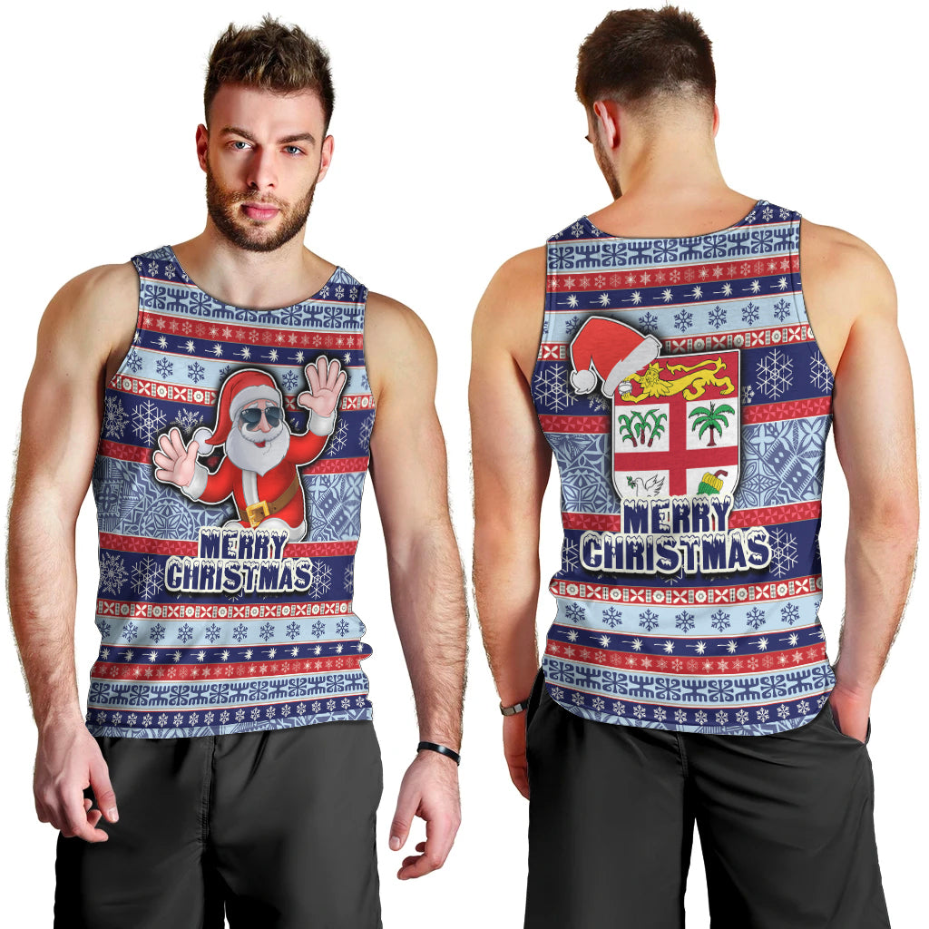 Fiji Christmas Men Tank Top Fijian Santa and Coat of Arms Mix Tapa Pattern Striped Style LT03 - Polynesian Pride
