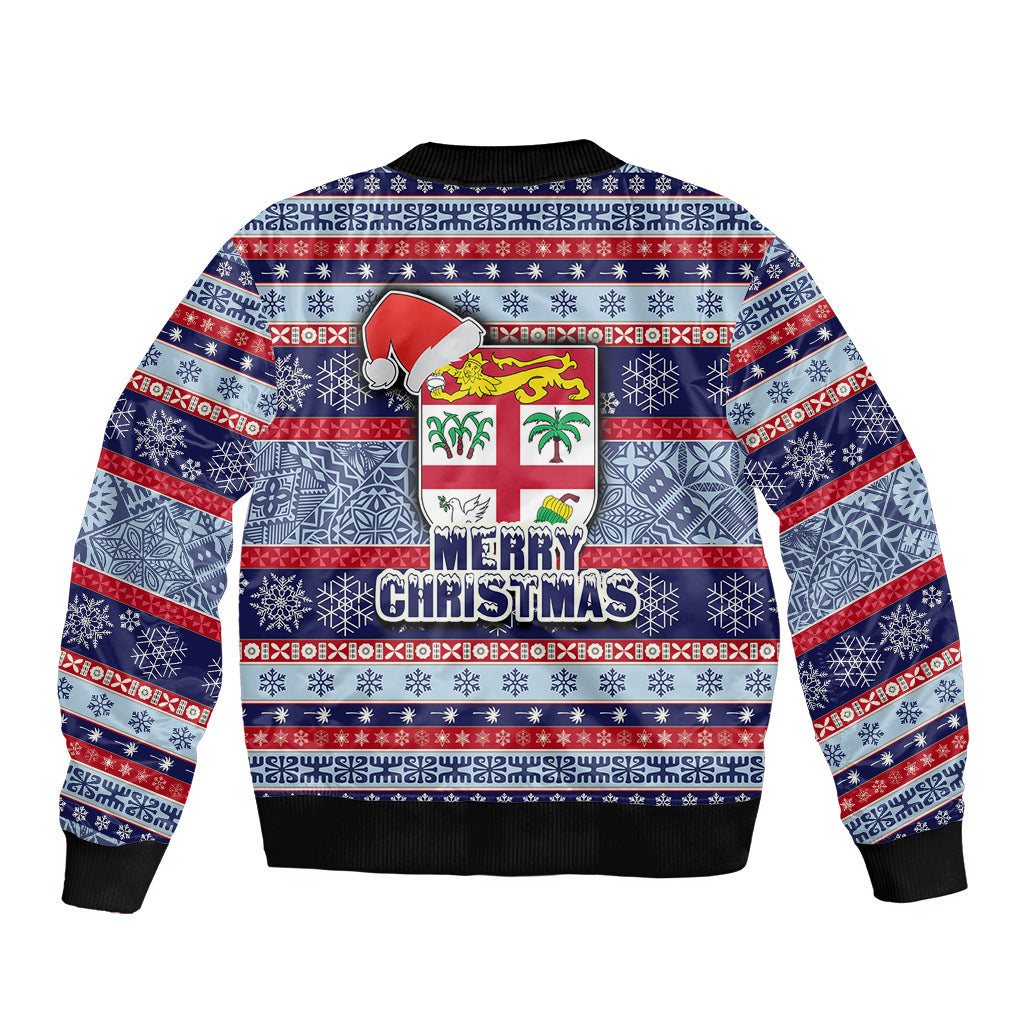 Fiji Christmas Sleeve Zip Bomber Jacket Fijian Santa and Coat of Arms Mix Tapa Pattern Striped Style LT03 - Polynesian Pride