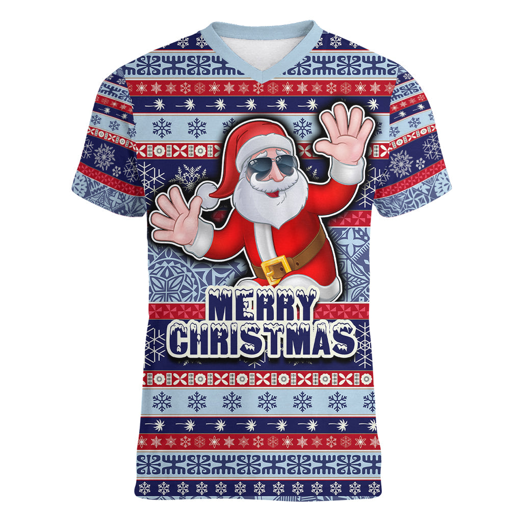 fiji-christmas-women-v-neck-t-shirt-fijian-santa-and-coat-of-arms-mix-tapa-pattern-striped-style