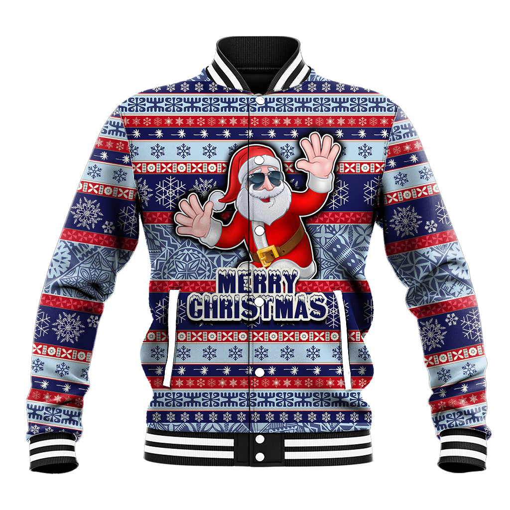 Custom Fiji Christmas Baseball Jacket Fijian Santa and Coat of Arms Mix Tapa Pattern Striped Style LT03 Unisex Blue - Polynesian Pride