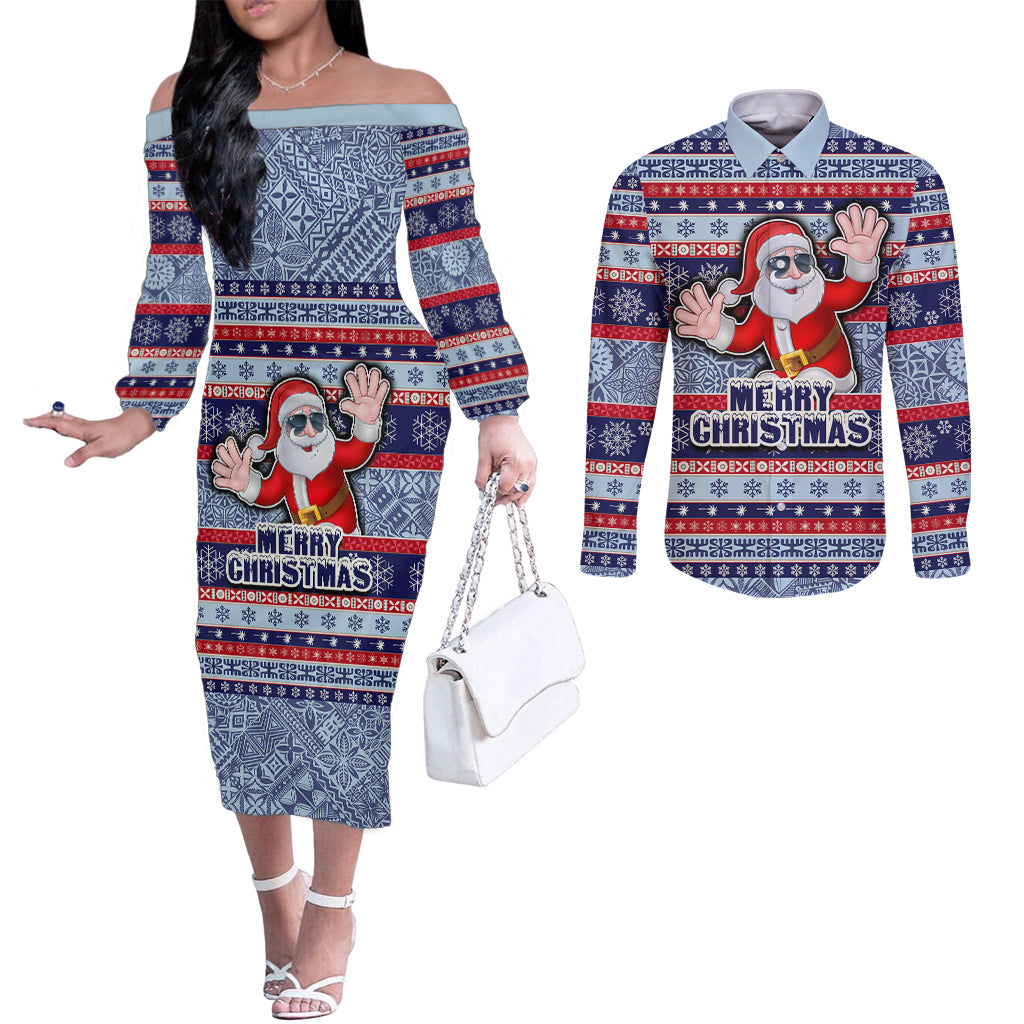 custom-fiji-christmas-couples-matching-off-the-shoulder-long-sleeve-dress-and-long-sleeve-button-shirts-fijian-santa-and-coat-of-arms-mix-tapa-pattern-striped-style