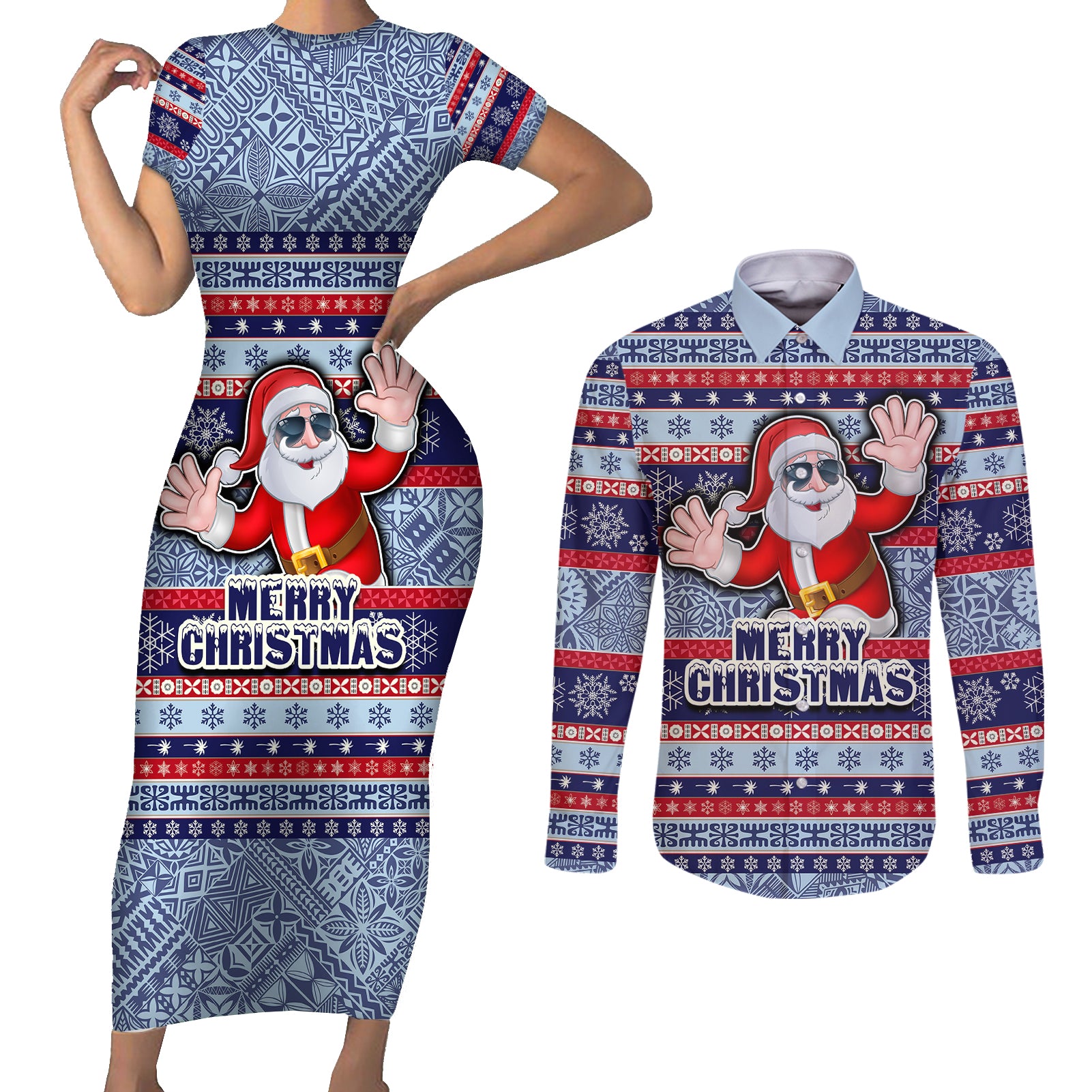 custom-fiji-christmas-couples-matching-short-sleeve-bodycon-dress-and-long-sleeve-button-shirts-fijian-santa-and-coat-of-arms-mix-tapa-pattern-striped-style