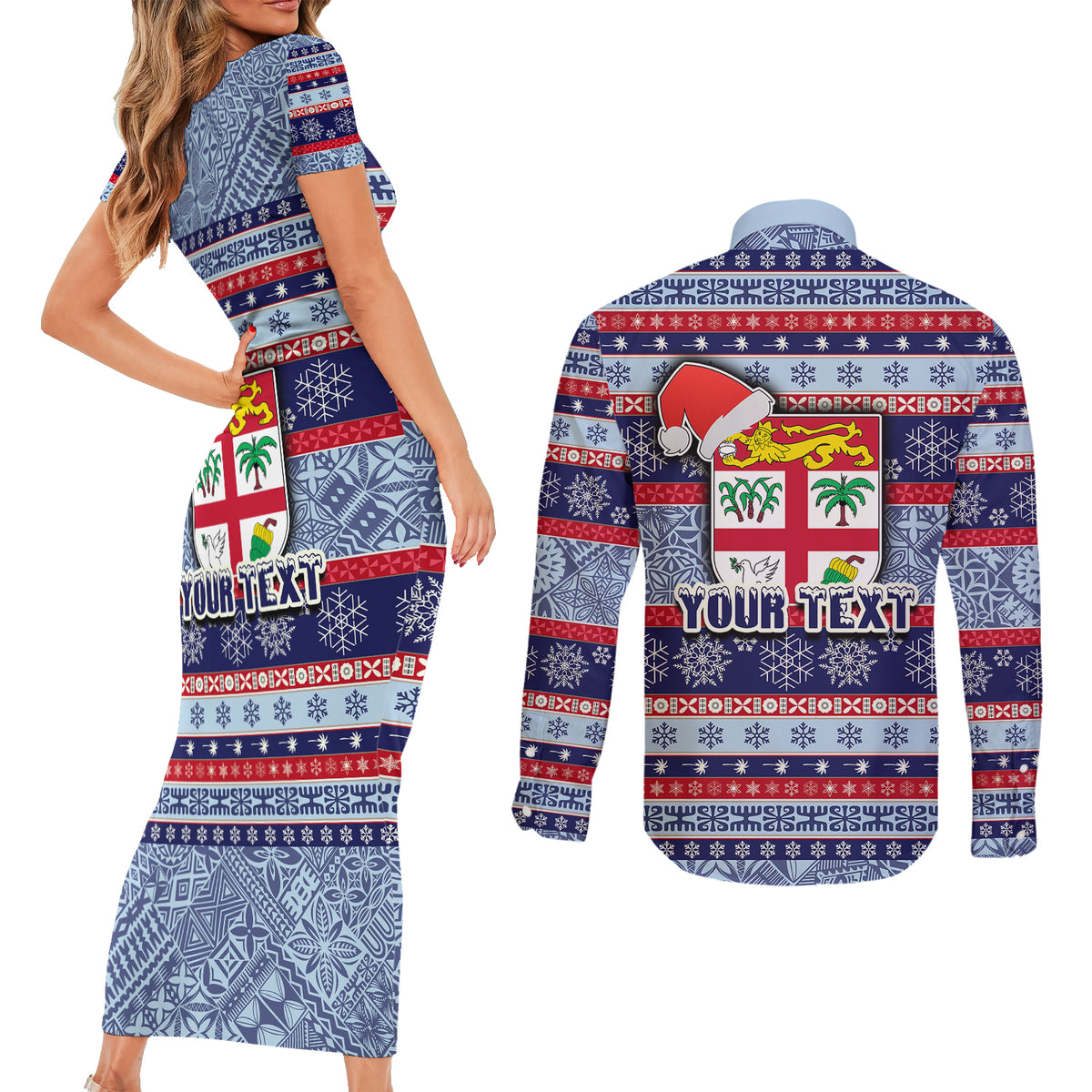 custom-fiji-christmas-couples-matching-short-sleeve-bodycon-dress-and-long-sleeve-button-shirts-fijian-santa-and-coat-of-arms-mix-tapa-pattern-striped-style